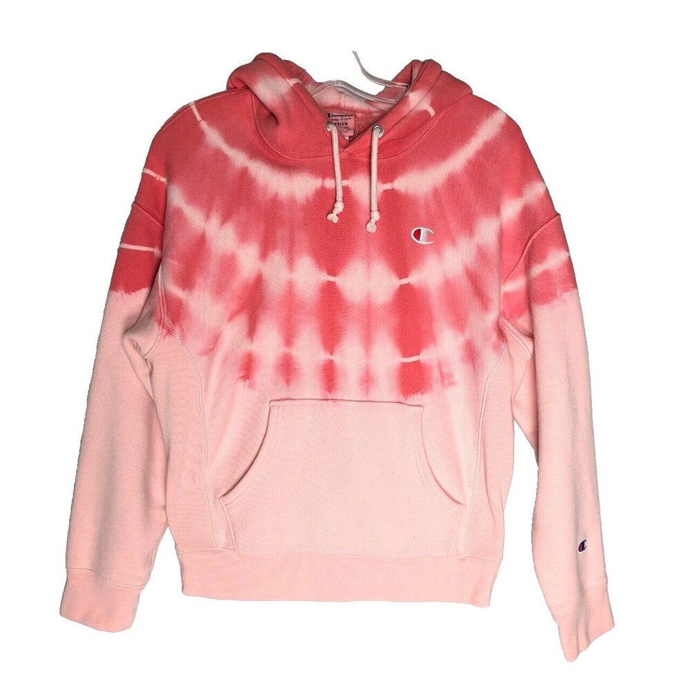 Champion Womens Tie Dye Hoodie Medium Pink Reverse Weave Heavyweight Sweatshirt